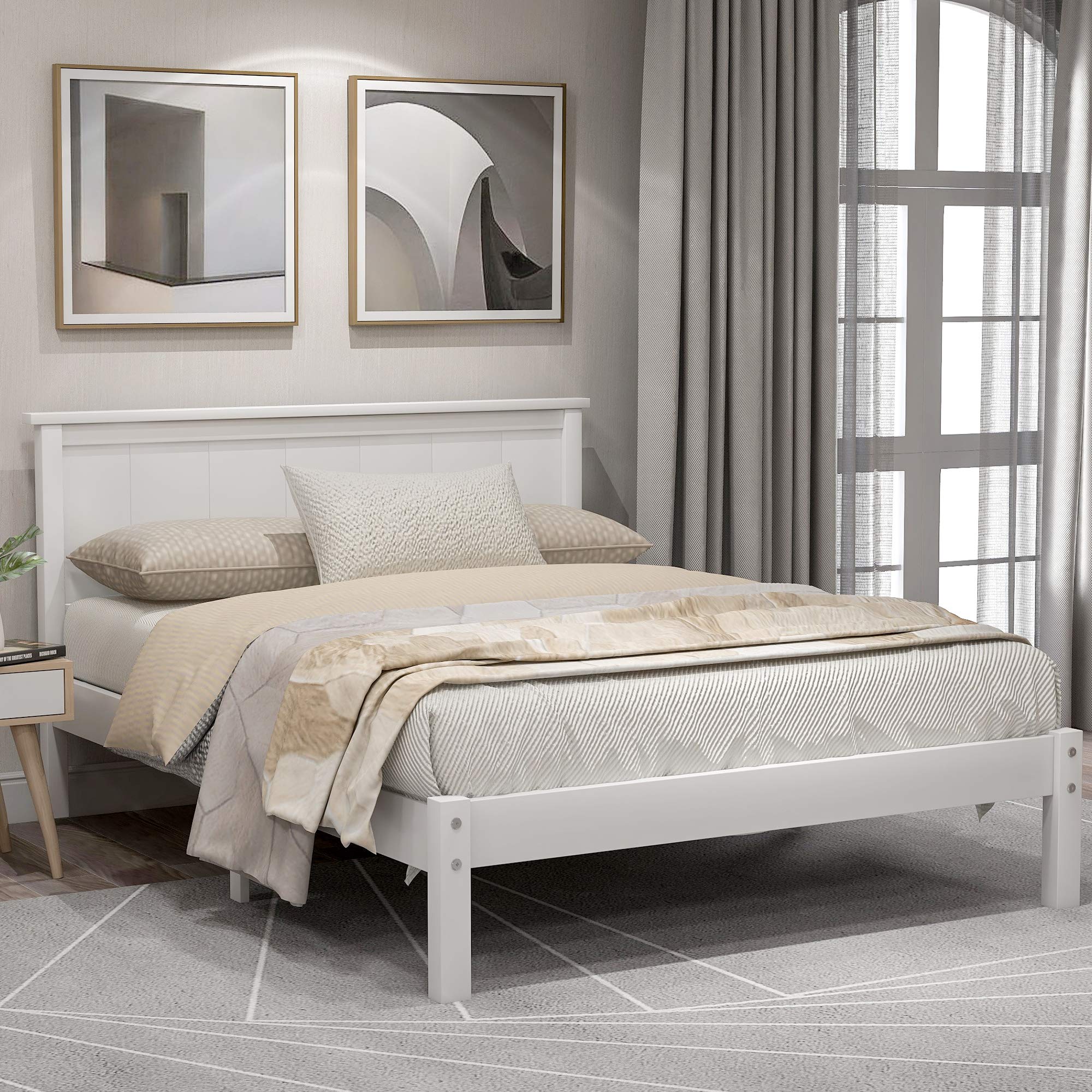 SOFTSEA Full Platform Bed Frame Wood Beds with Headboard, No Box Spring Needed/Wood Slat Support (Full, White)