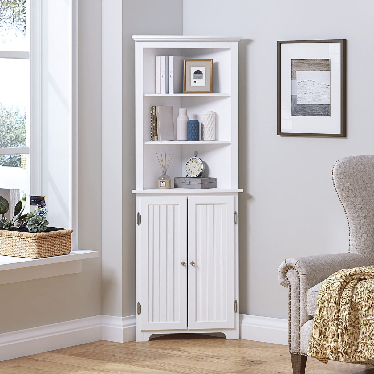 Tall Bathroom Corner Cabinet, Slim Floor Storage Bathroom Cabinet with Doors and Hutch