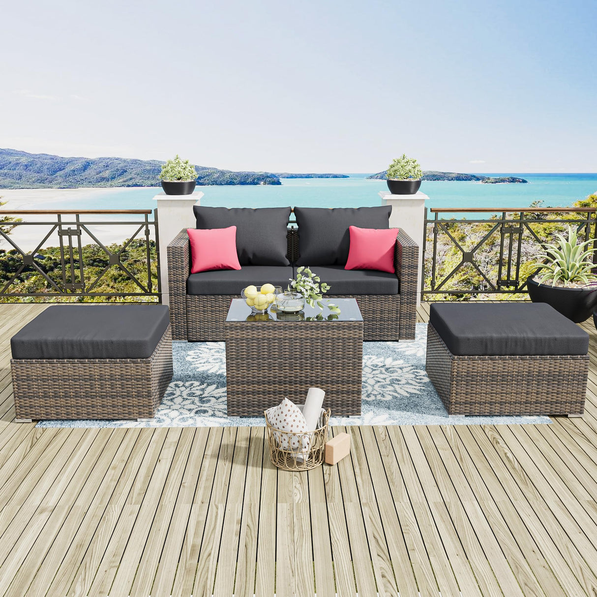5 Pieces Outdoor Patio Sectional Furniture Set with Ottomans