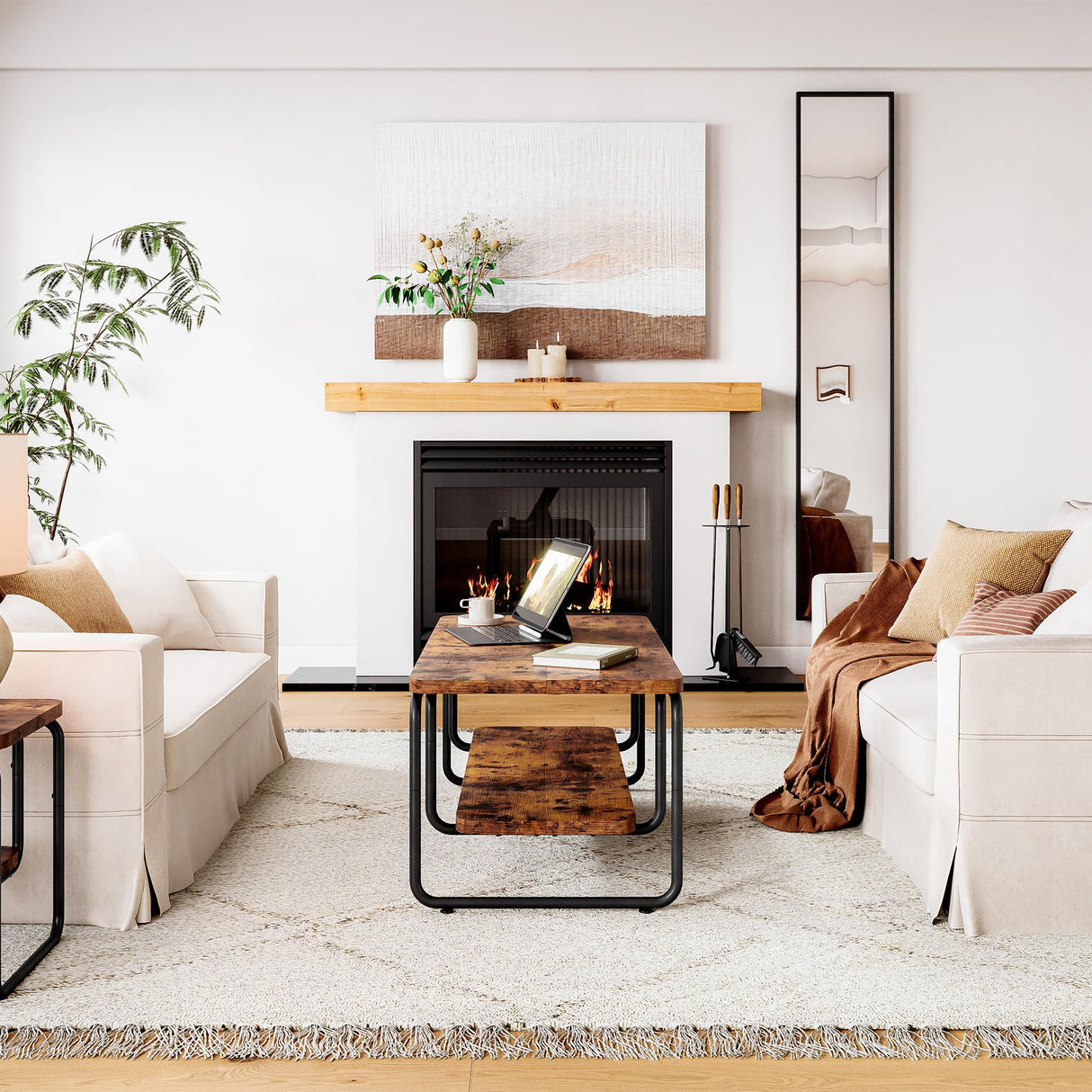 47" Coffee Table, Rectangle Coffee Table with 2-Tier Storage and Rounded Corner