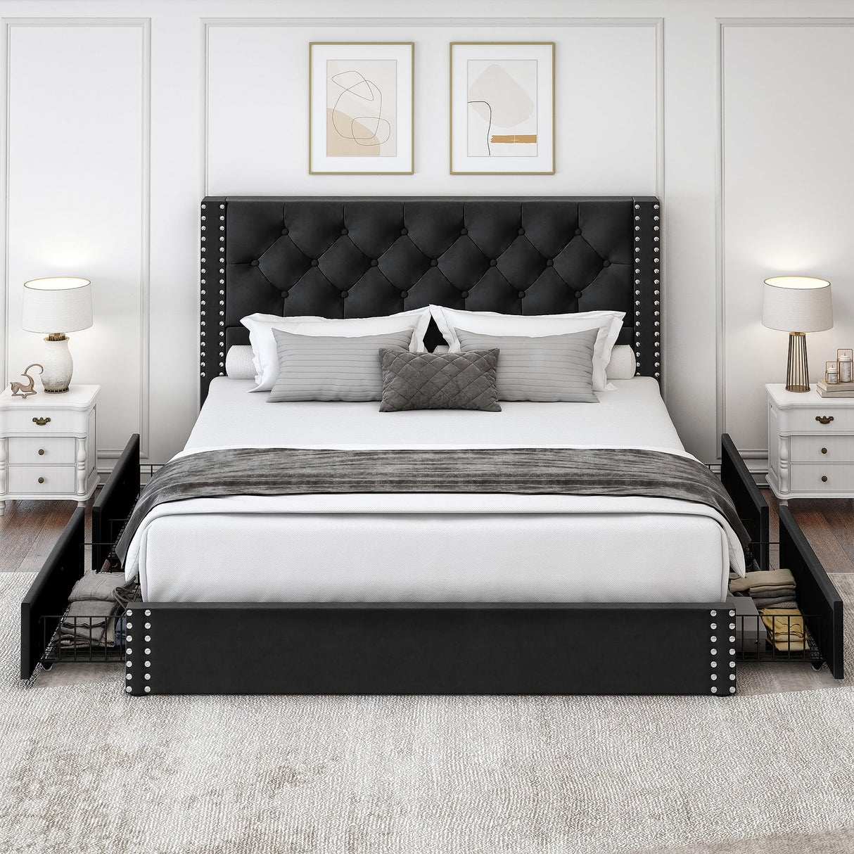 LARMACE Queen Size Upholstered Bed Frame with Storage Velvet Platform Tufted Bed Frame with 4 Drawers and Headboard, Wood Slats Support, No Box Spring Required, Noise-Free, Black