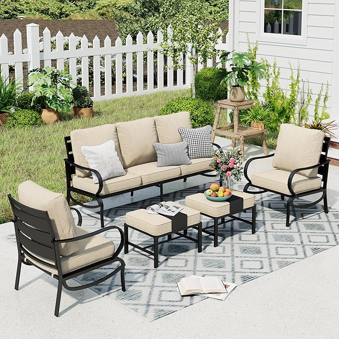 Patio Furniture Sets 5 Pcs Outdoor Metal Conversation Sets 5 Seats with 1 x 3-Seat Sofa