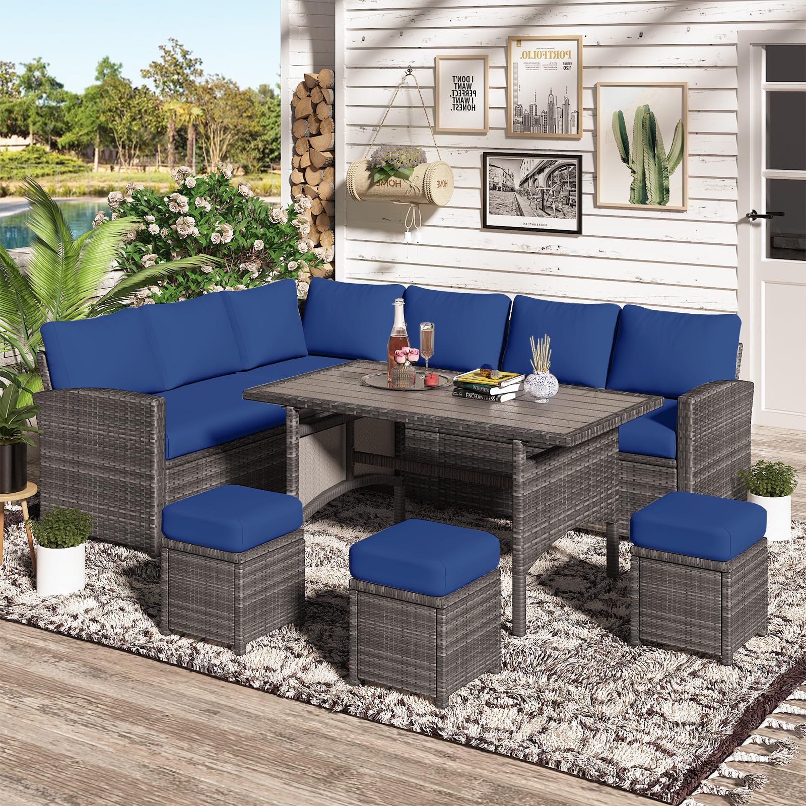 Patio Furniture Set with Cover, 7 Pieces Outdoor Sectional Sofa Conversation Set All Weather Wicker Rattan Couch Dining Table & Chair with Ottoman, Dark Blue