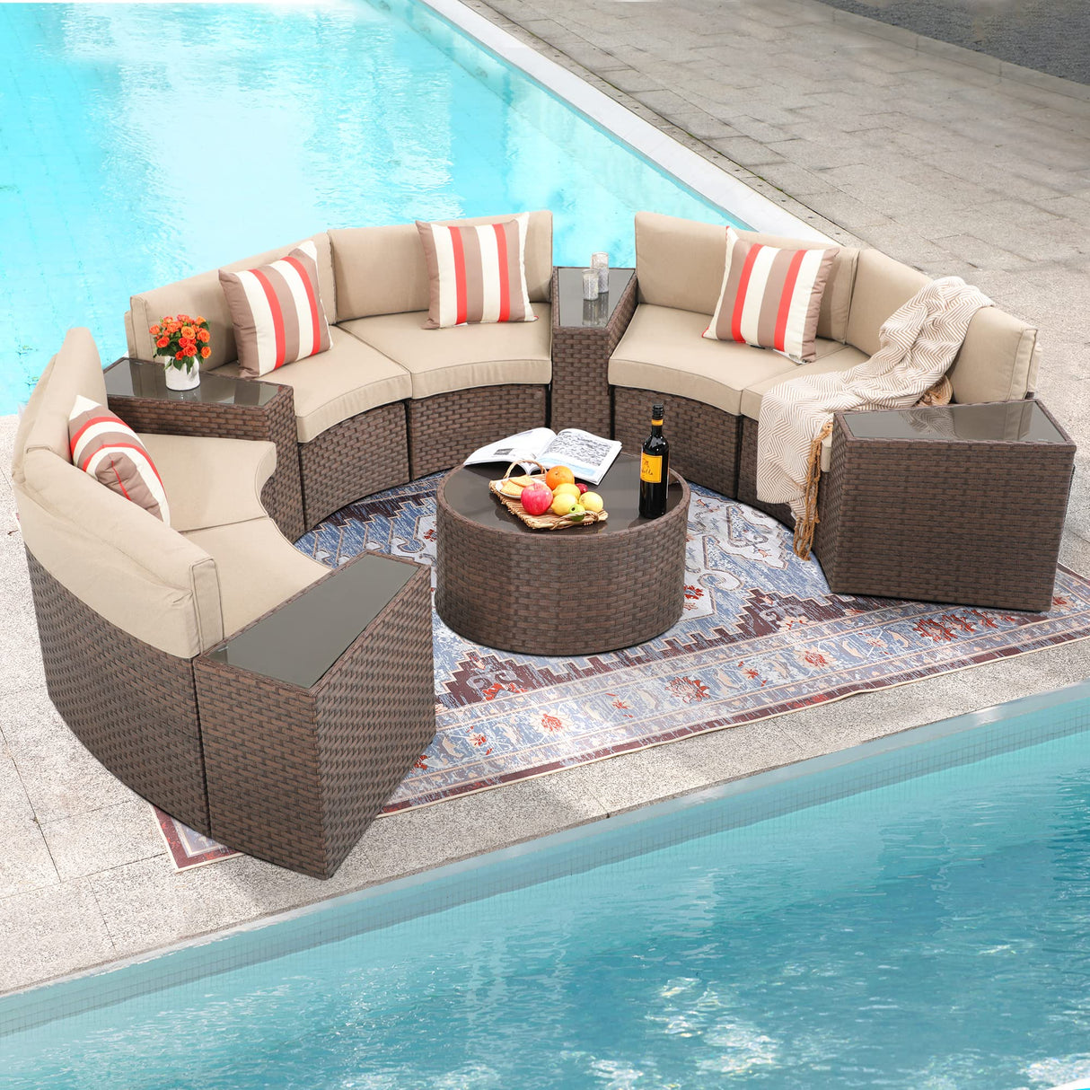 Outdoor Patio Furniture 11-Piece Half-Moon Sectional Round Patio Furniture Set