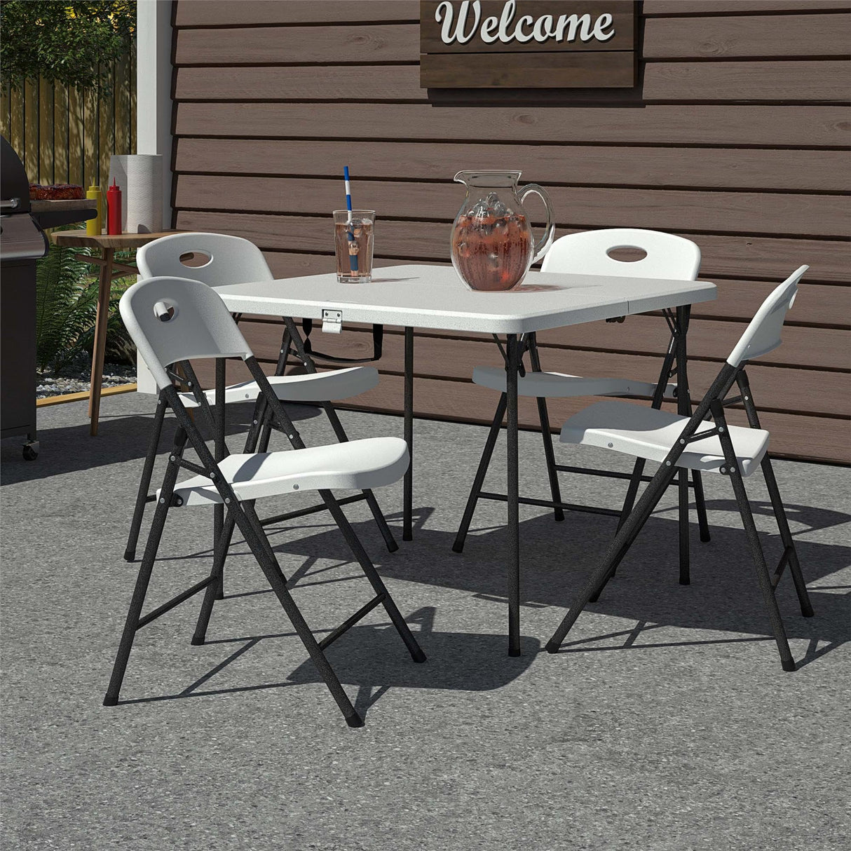 XL 5-Piece Indoor/Outdoor Dining Set w/ 36" Fold-in-Half Card Table w/Handle, White
