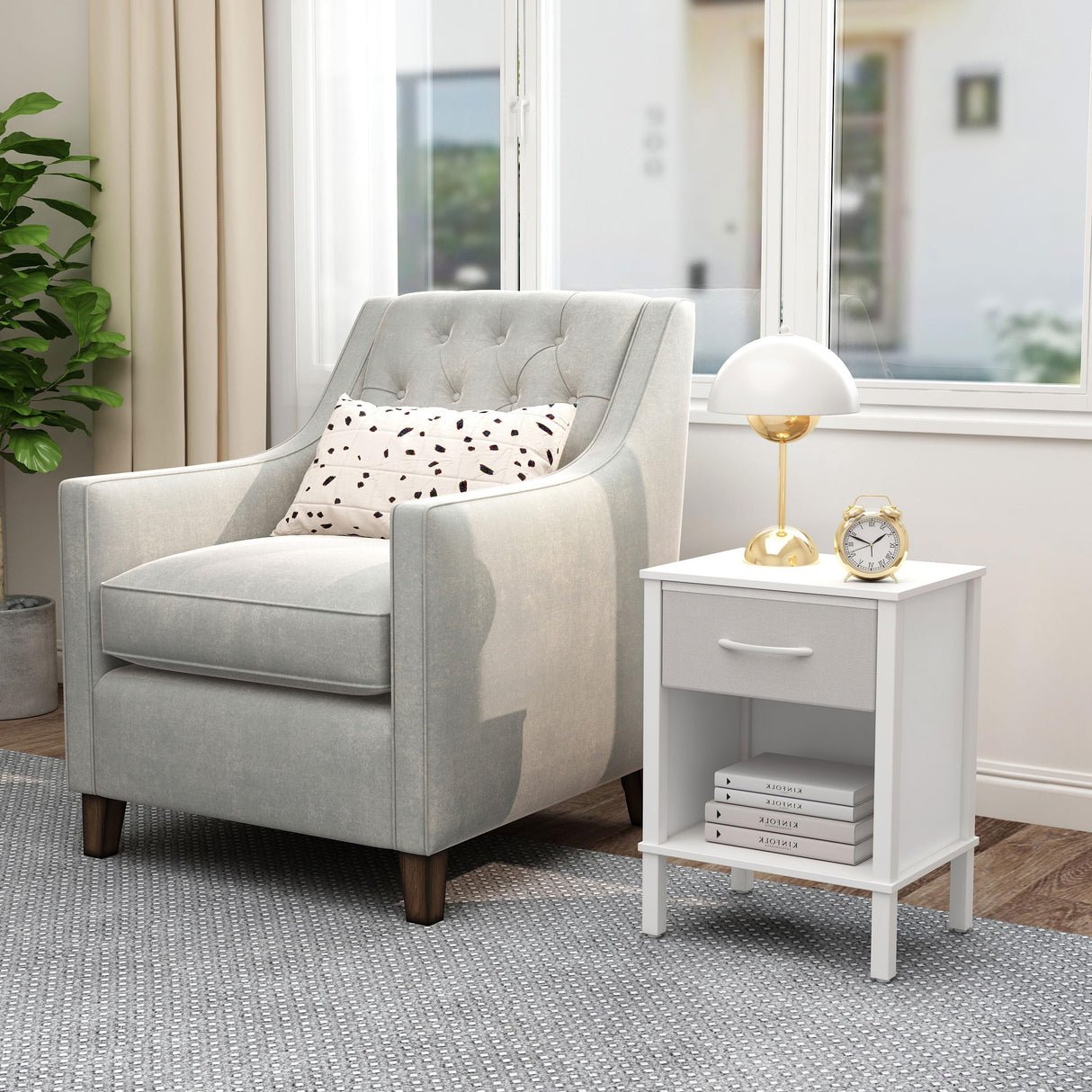 End Table Set of 2, White Nightstand with Fabric Drawer, Bed Side Table,Side Table