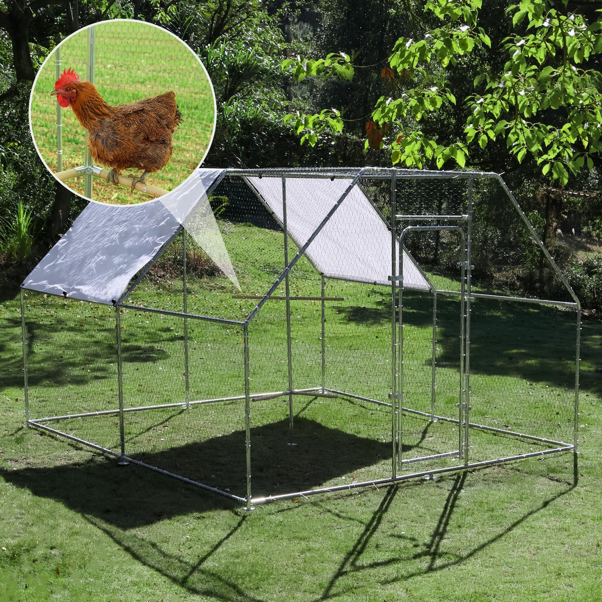 Large Metal Chicken Coop Run with Climbing Frame, Outdoor Walk-in Poultry Cage Flat Top