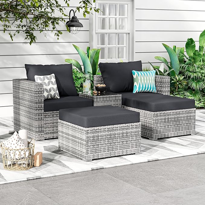 5 Pieces Outdoor Patio Sectional Furniture Set with Ottomans