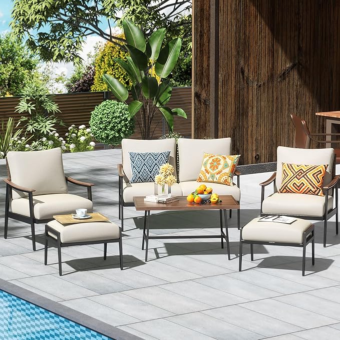 6 Pieces Patio Furniture Set, Outdoor Furniture Sofa Sectional Modern Metal Patio Conversation Set