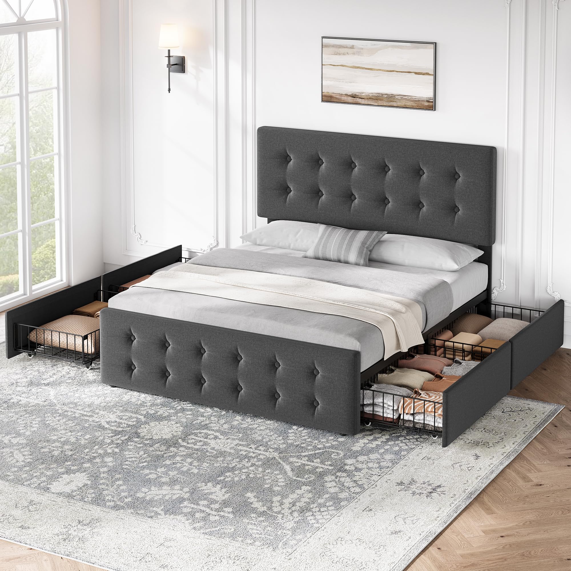 Idealhouse Upholstered Bed Frame with 4 Drawers & Adjustable Tufted Headboard