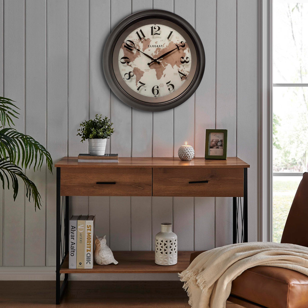 18 Inch Illuminated Wall Clock with Smart LED Light Sensor, Large Modern World Map Wall Clocks