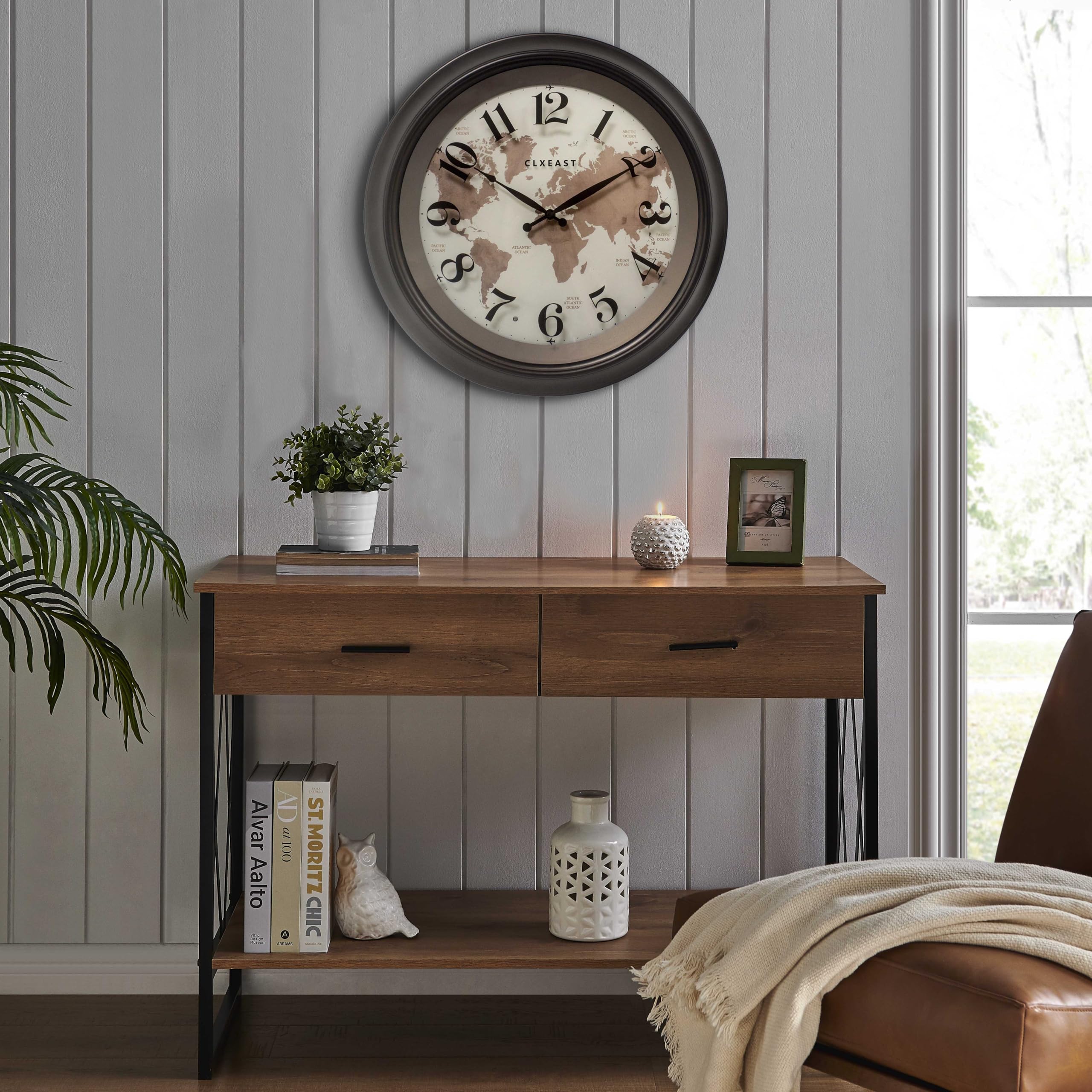 18 Inch Illuminated Wall Clock with Smart LED Light Sensor, Large Modern World Map Wall Clocks