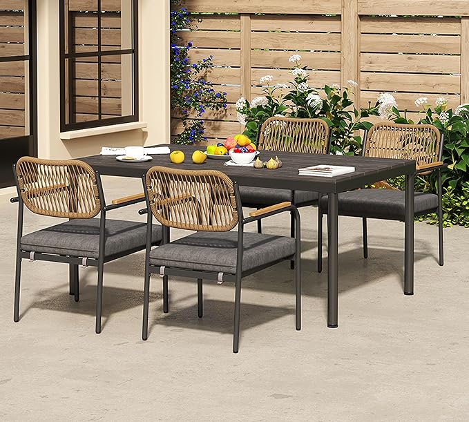 Wicker Outdoor Dining Set for 6, Upholstered 7 Piece Patio Dining Set with Armrests