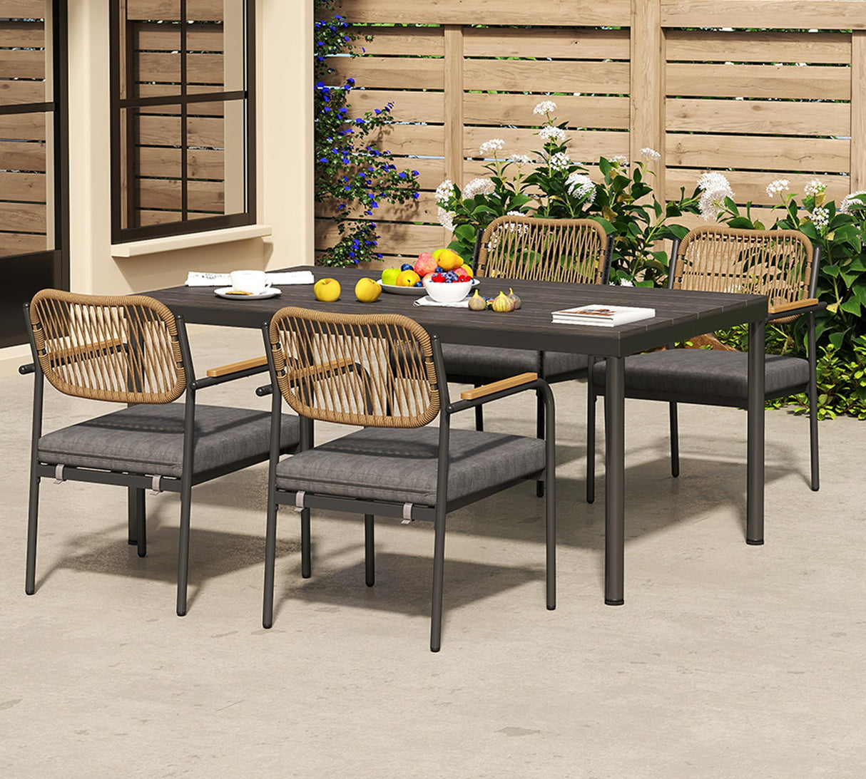 Wicker Outdoor Dining Set for 4, Upholstered 5 Piece Patio Dining Set with Armrests