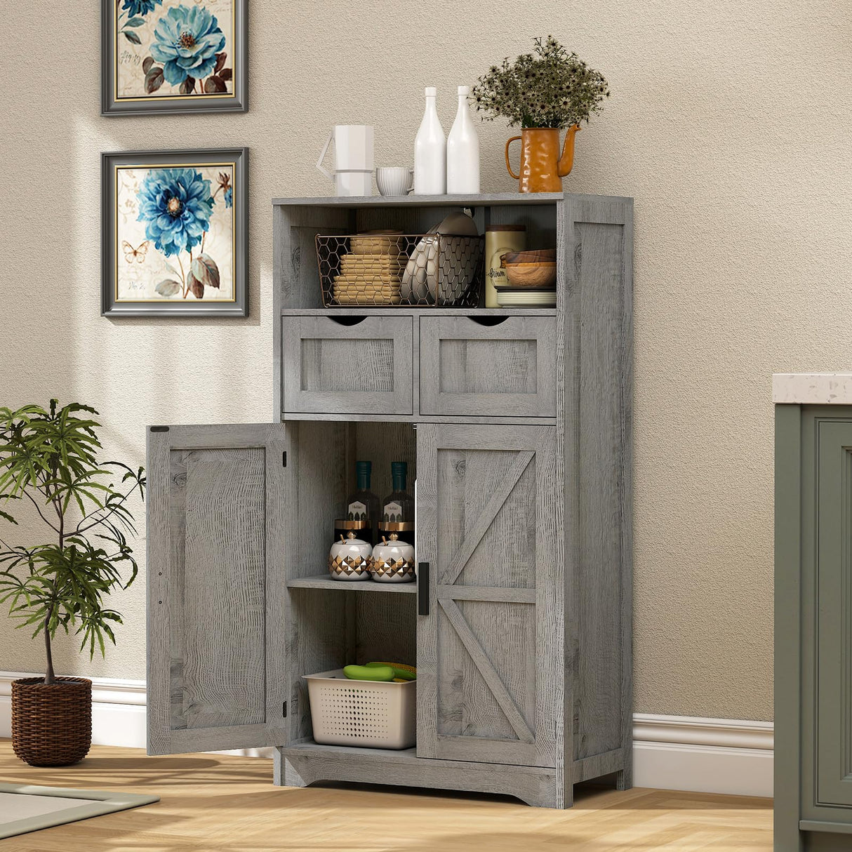 Bathroom Cabinet, Storage Cabinet with 2 Adjustable Drawers & 2 Barn Doors, Standing