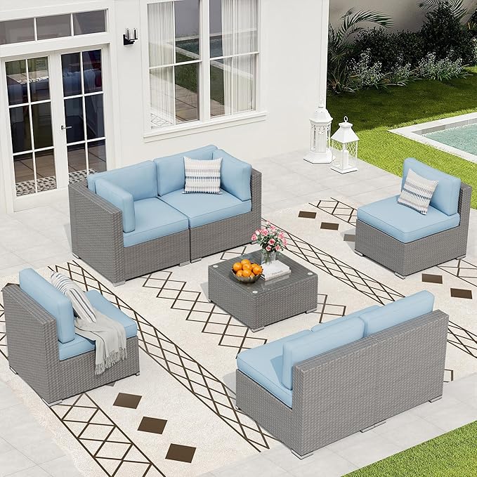 7 Piece Outdoor Sectional Sofa Patio Furniture Set, All-Weather PE Grey Wicker Patio Conversation Set
