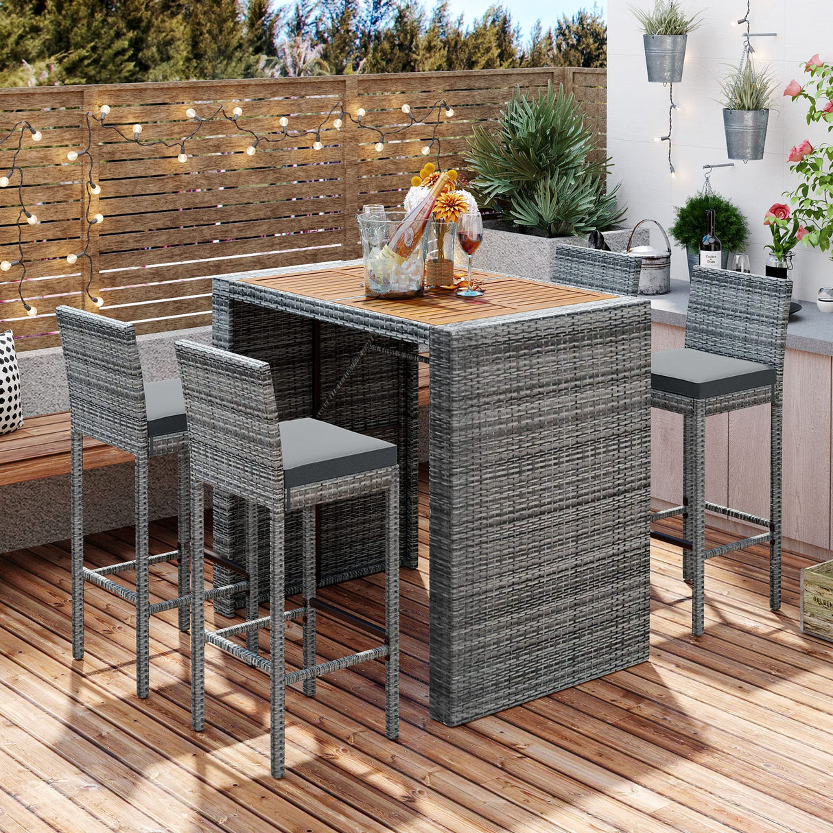 VnndeNest 5-Pieces Patio Furniture Set, Outdoor Wicker Bar Set with 4 Stools and Table, Space Saving Wicker Patio Bars Set Outdoor Furniture Bistro Set for Backyards, Porches, Gardens, Poolside, Grey