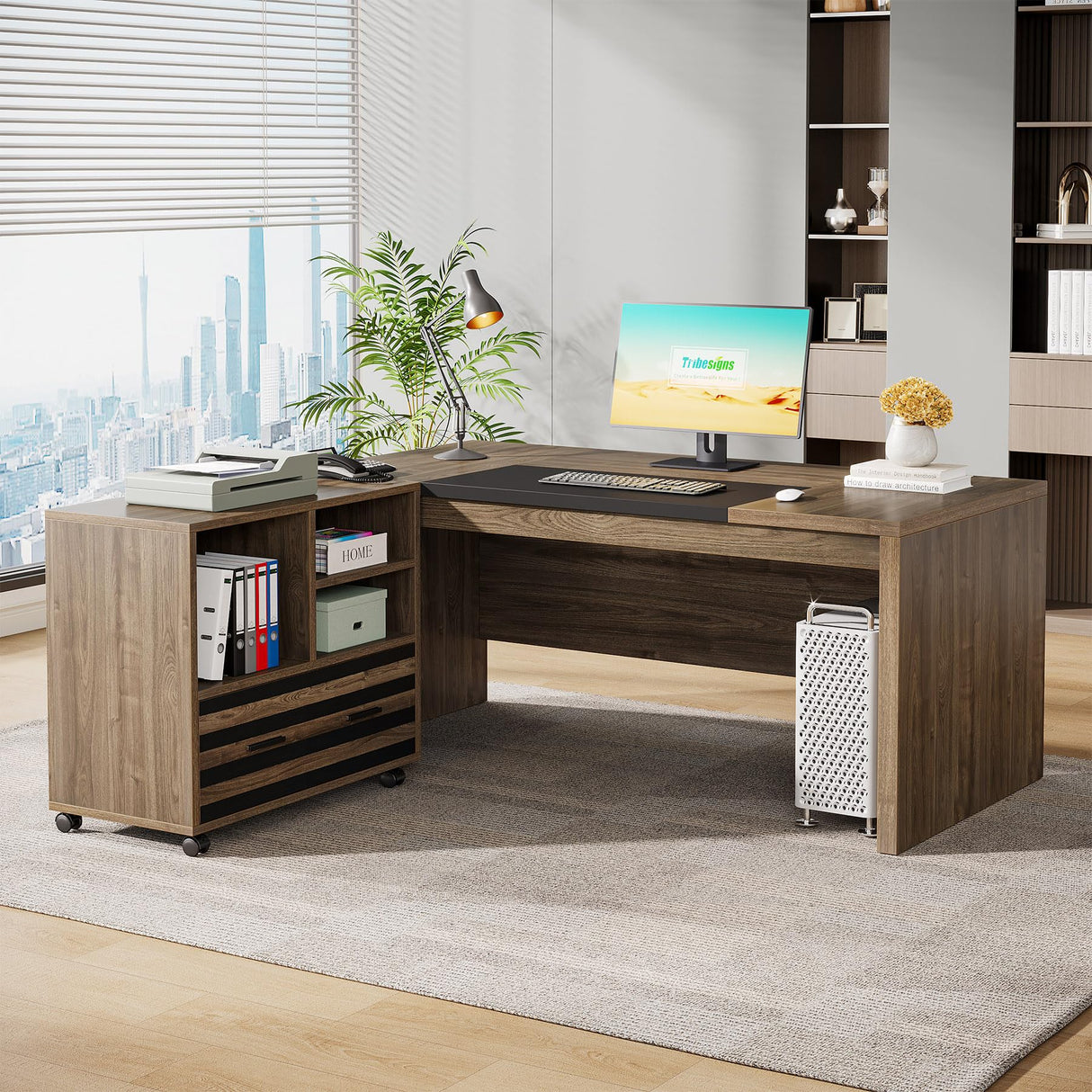 62.2" Executive Desk with Mobile File Cabinet, L-Shaped Office Desk