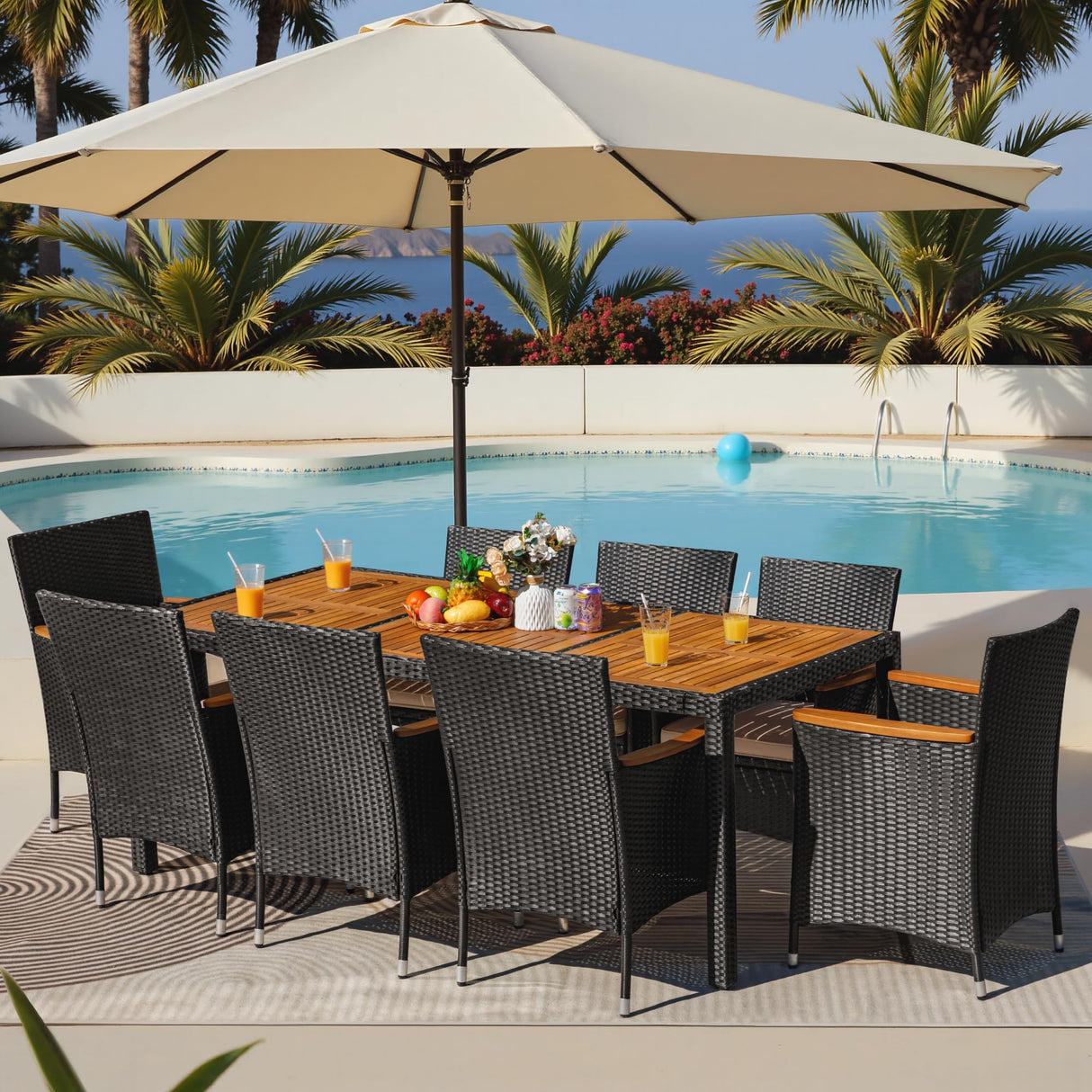 9 Pieces Outdoor Patio Dining Set, Conversation Sets with 1 Table and 8 Rattan Chairs