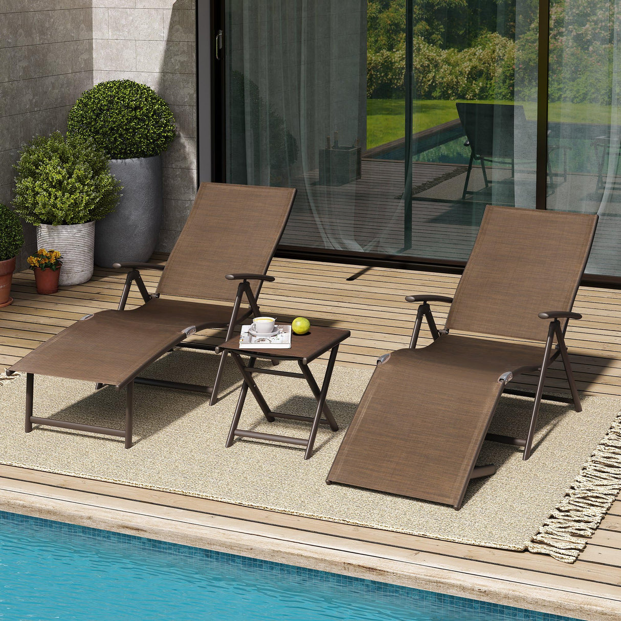 3PCS Outdoor Chaise Lounge & Table Set, Textiline Folding Chaise with Side Table,