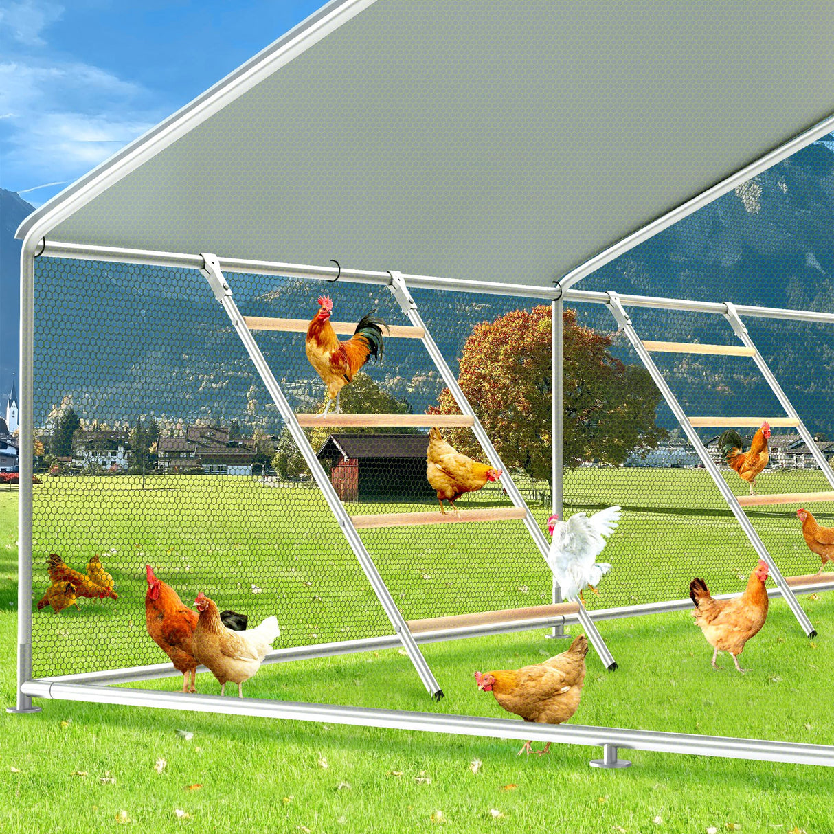 Tiered Chicken Roosting Perch – 4 Layer Galvanized & Wood Bar Set