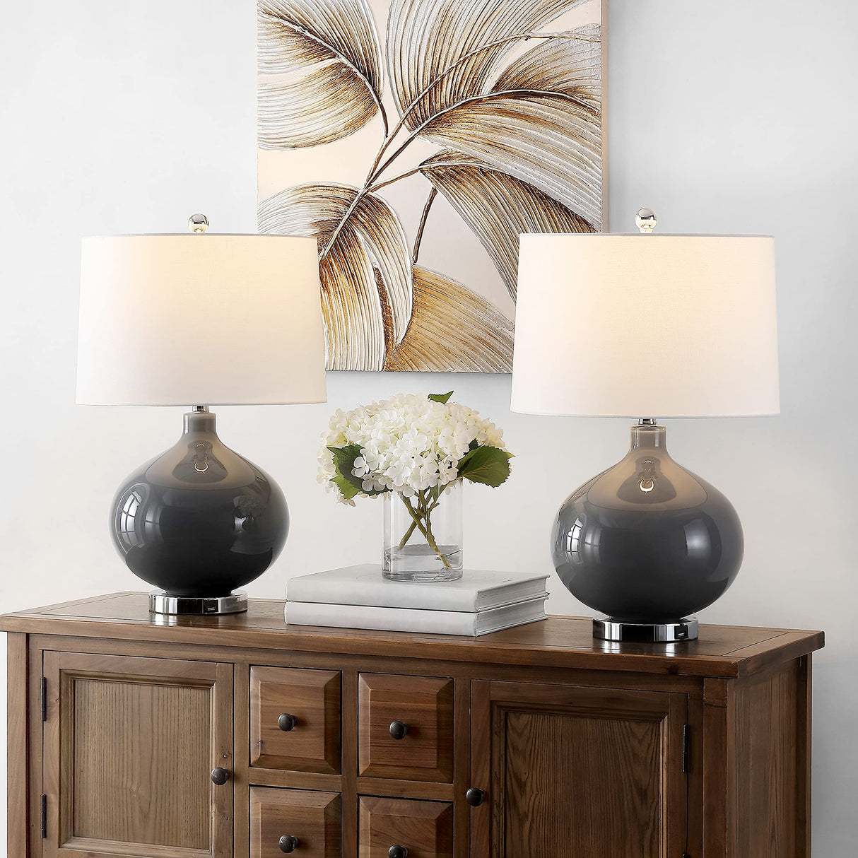 SAFAVIEH Lighting Collection Masera Modern Grey Glass 25-inch Bedroom Living Room Home Office Desk Nightstand Table Lamp Set of 2 (LED Bulbs Included)