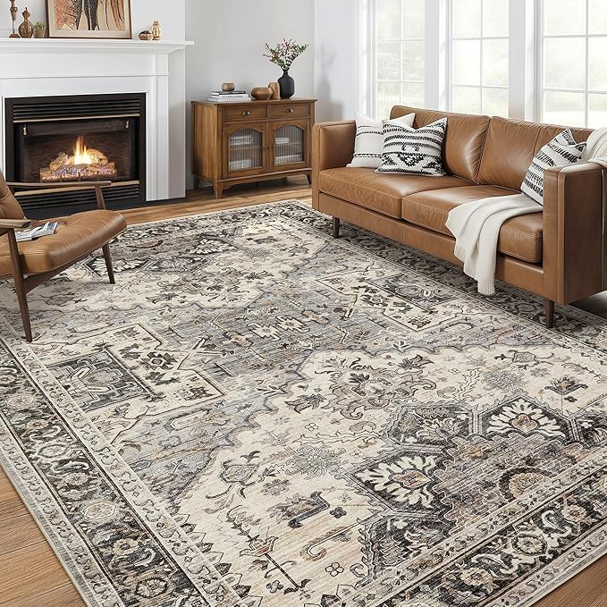 Area Rug 9x12 for Bedroom Living Room, Medallion Printed Ultra-Thin Soft Large Carpet