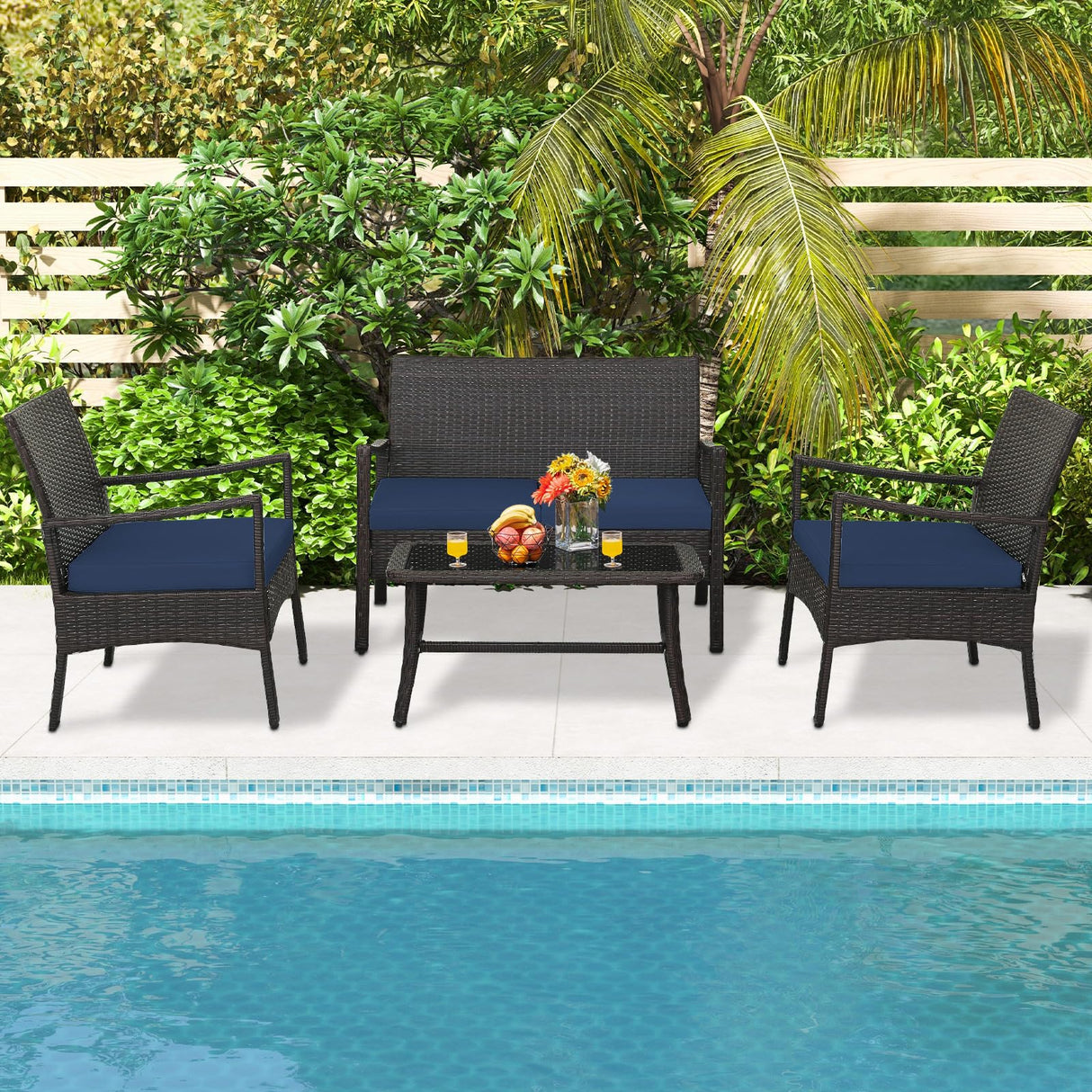 4-Piece Rattan Patio Conversation Set with Tempered Glass Coffee Table