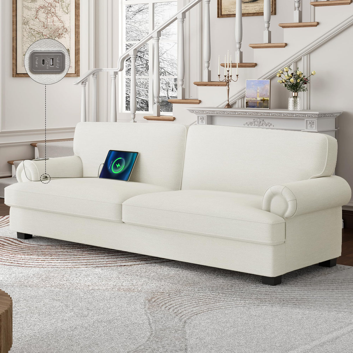 Comfy Sofa Couch with 3 Extra Deep Seats and 2 USB Charging Ports, Modern Sofa