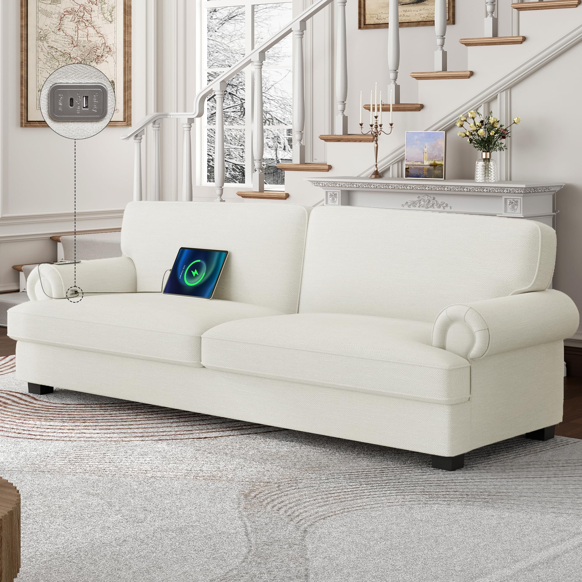 Comfy Sofa Couch with 3 Extra Deep Seats and 2 USB Charging Ports, Modern Sofa