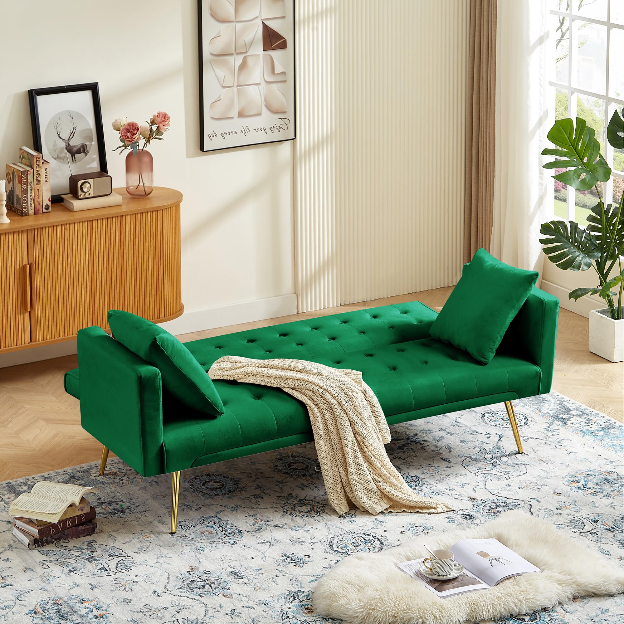 72" Modern Velvet Sofa Bed Futon,Convertible Folding Sleeper Bed Couches with 3 Adjustable Backrests