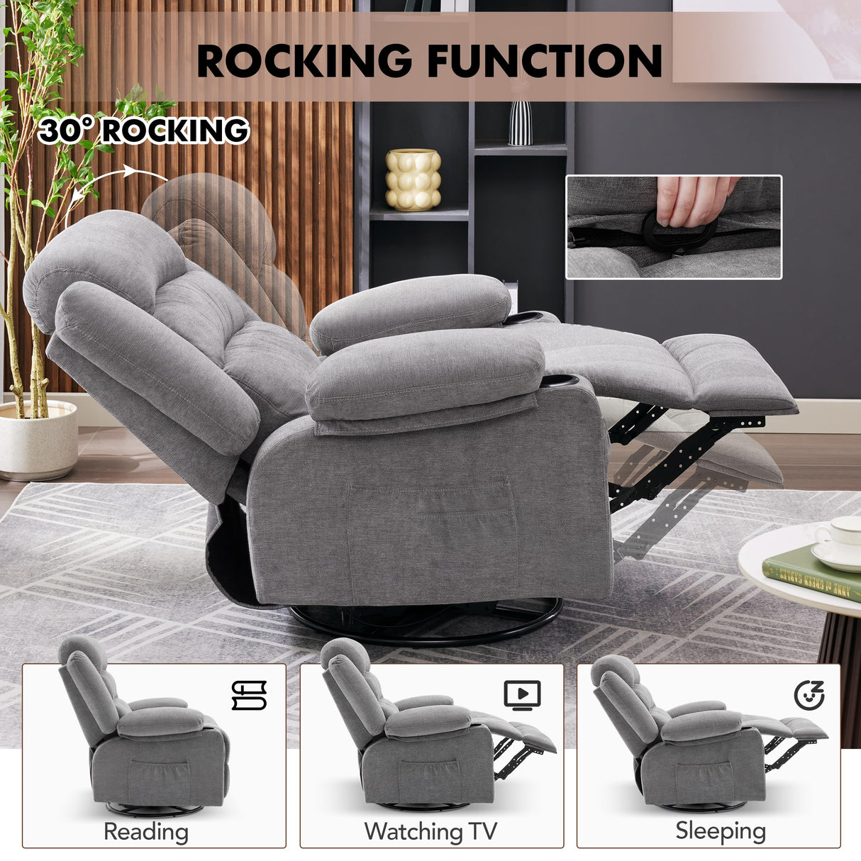 Relax360 – Swivel Rocker Recliner Chair with Massage, Heat & Cup Holders