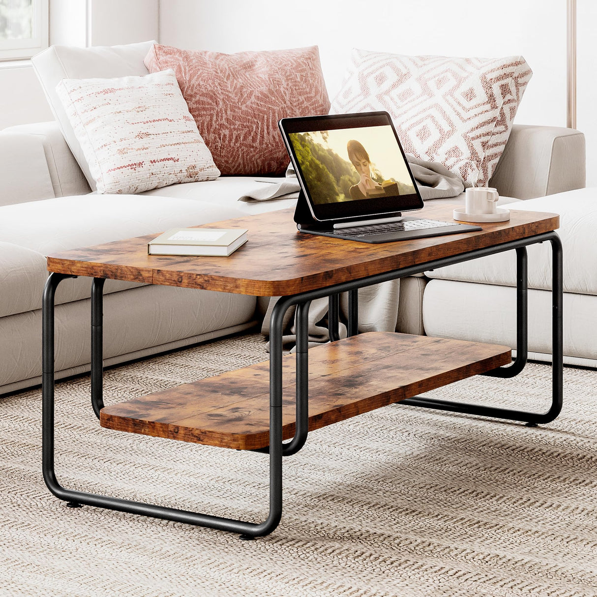 47" Coffee Table, Rectangle Coffee Table with 2-Tier Storage and Rounded Corner