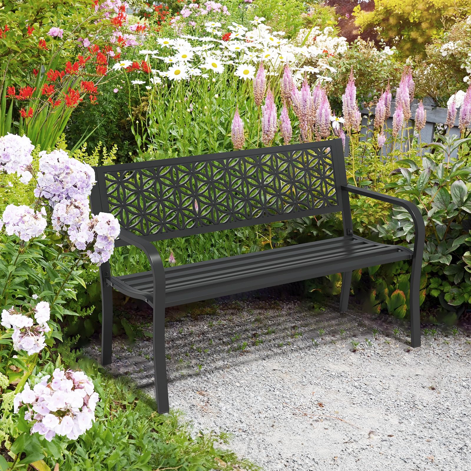 Outdoor Bench Metal with Floral Back, Garden Bench Front Porch Benches