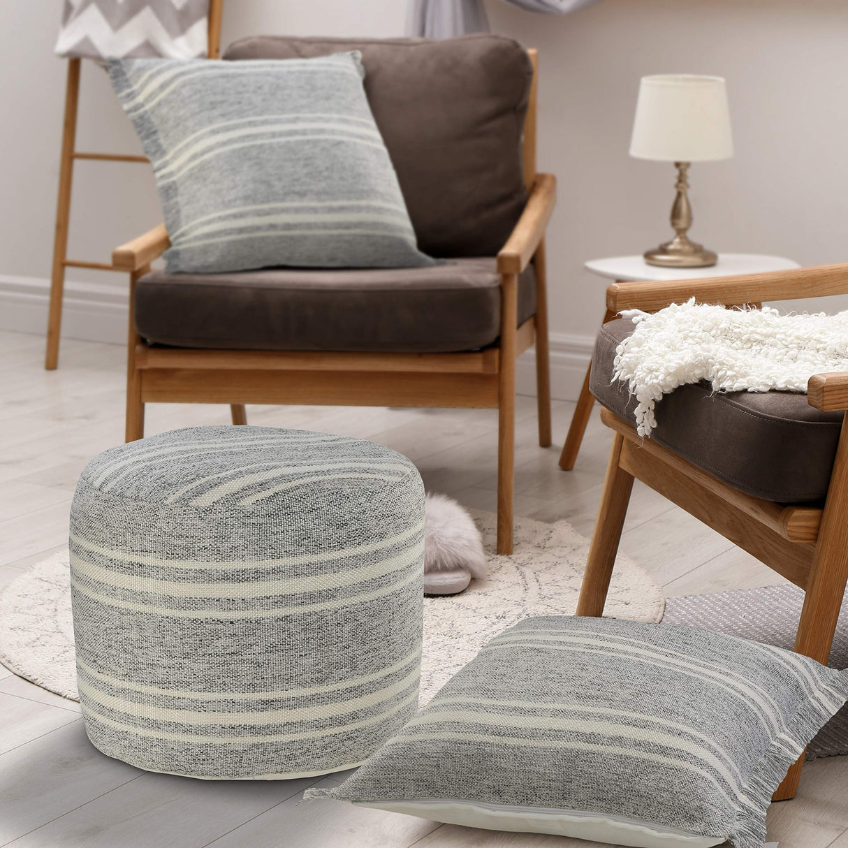 Farmhouse Triple Stripe Indoor Outdoor Pouf, Gray/White, 18" x 18" x 14"