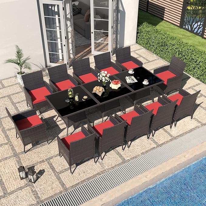 10-Piece Indoor/Outdoor Dining Table Set, Garden Patio Rattan Set with w/Tempered Glass Tabletop