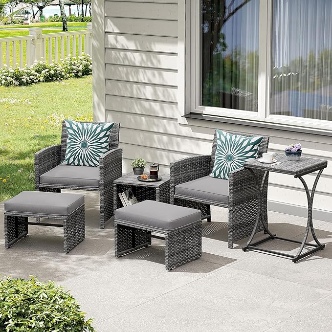 6 Piece Patio Furniture Conversation Set with Ottoman, Outdoor Grey Wicker Chair