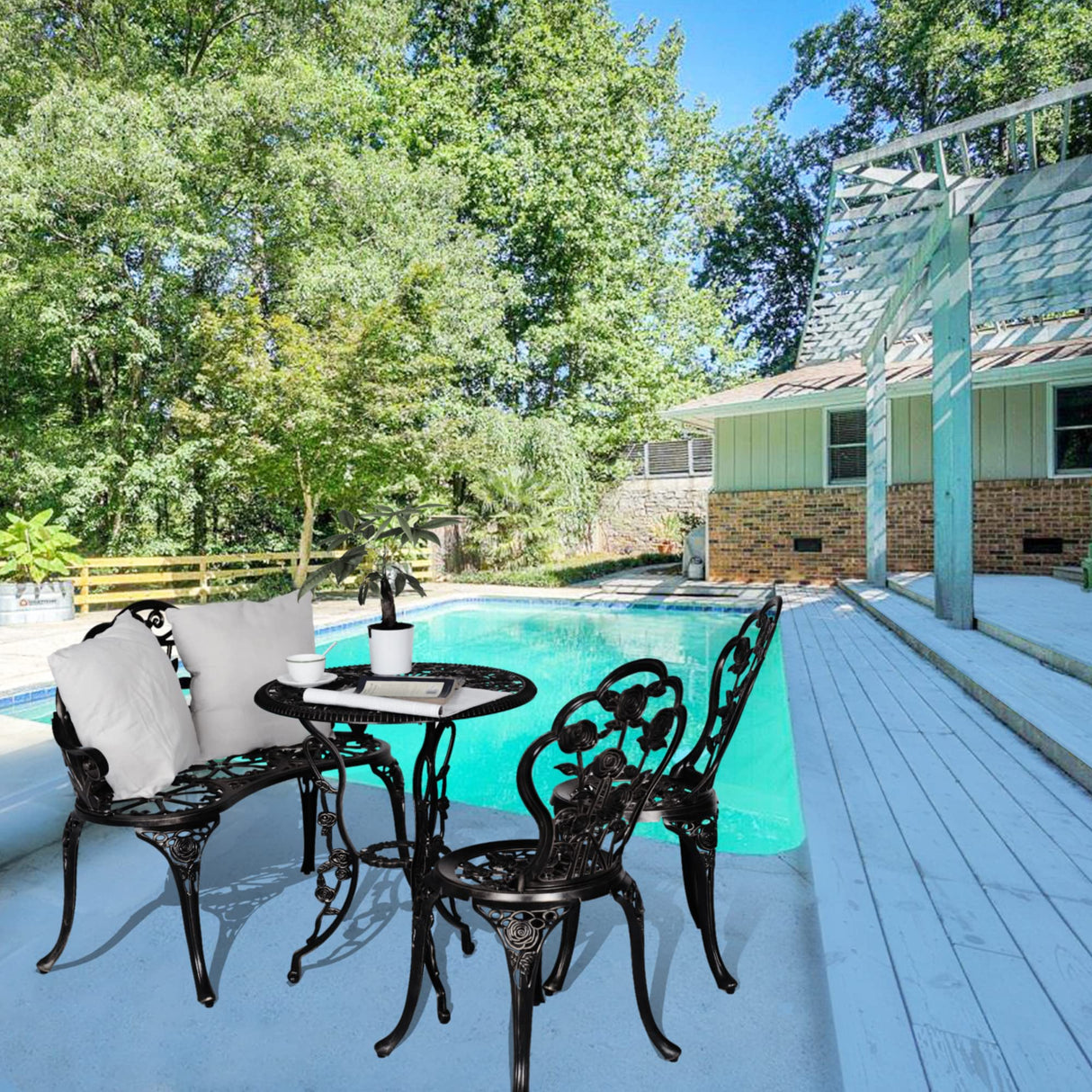 Cast Aluminum Bistro Set of 4, Patio Rose Table and Chair Set with Umbrella Hole