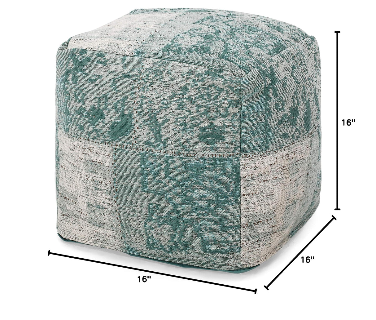 Hannah Hand-Loomed Boho Fabric Cube Pouf, Teal, Beige