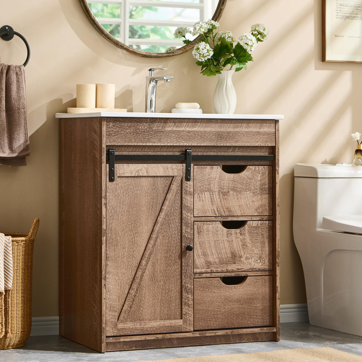 Aitjunz 30" Farmhouse Bathroom Vanity with Sink, Freestanding Modern Bathroom Storage Vanity Cabinet w/Sliding Barn Door, 3 Drawers & Adjustable Shelves, Light Brown