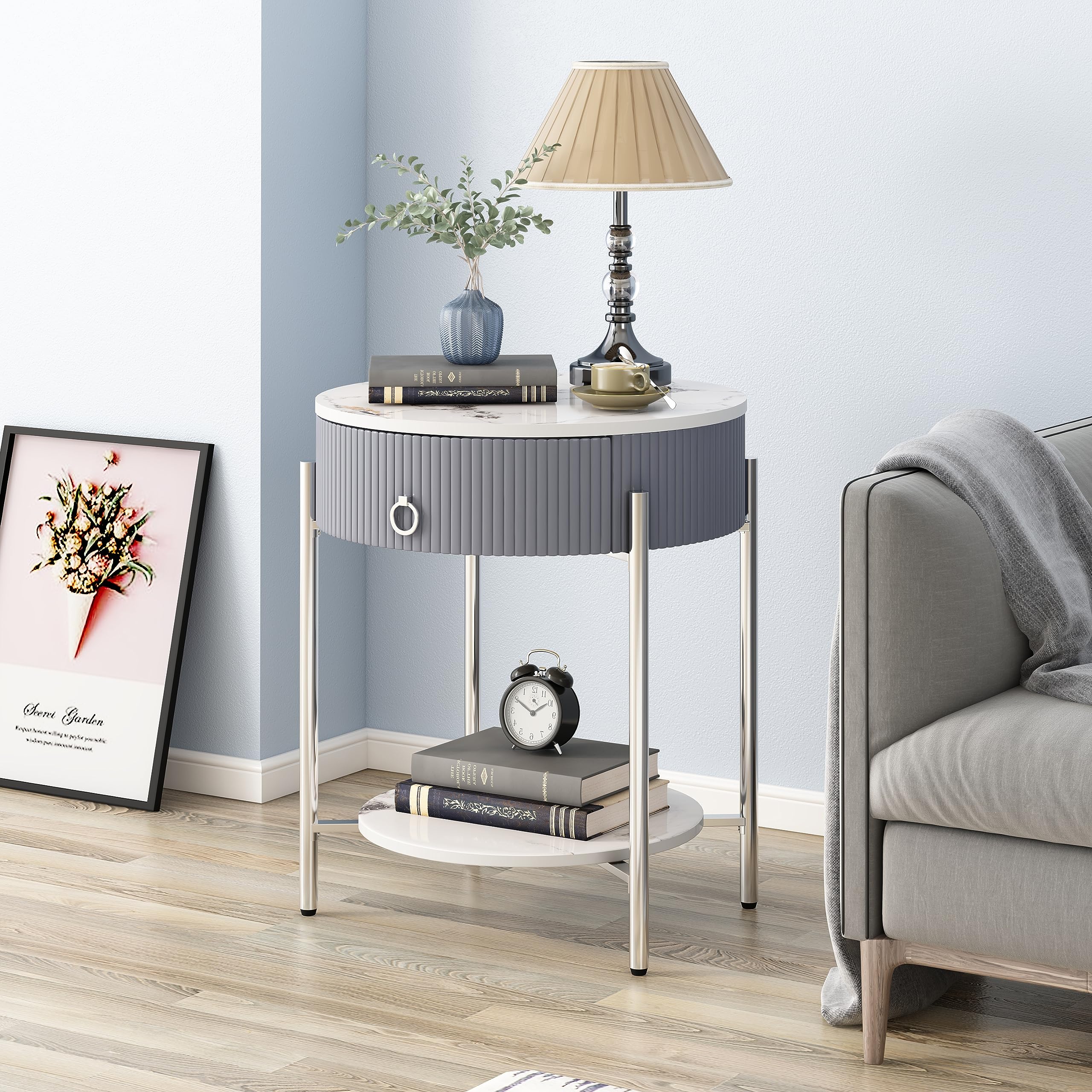 Round Side Table with Drawer, Modern Nightstand with Shelf and Chrome