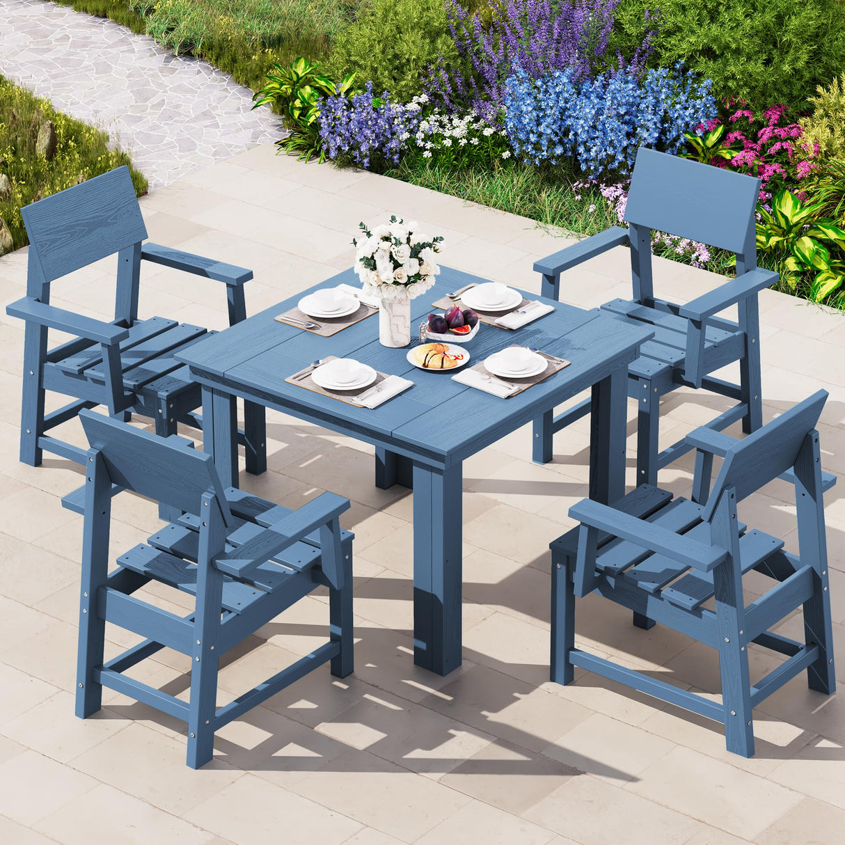 HDPE Outdoor Dining Set, 37-inch Square Table and Chairs Set All Weather Patio Dining Set