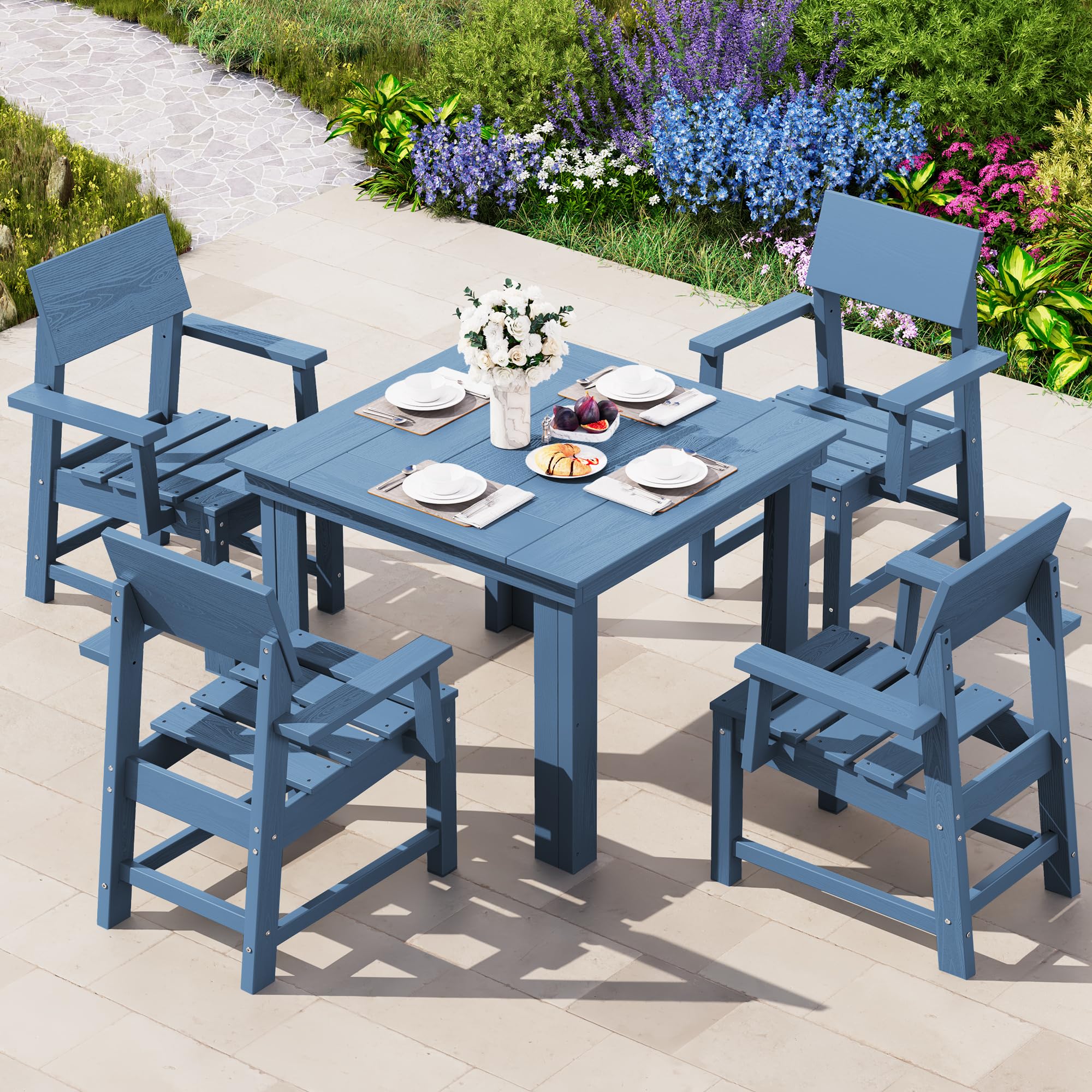 HDPE Outdoor Dining Set, 37-inch Square Table and Chairs Set All Weather Patio Dining Set