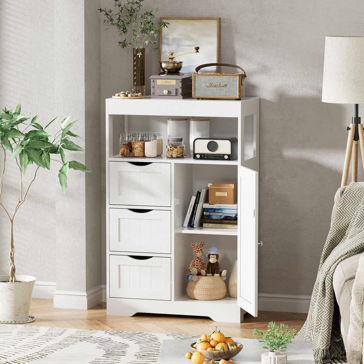 Bathroom Floor Cabinet, Wooden Free-Standing Storage Organizer