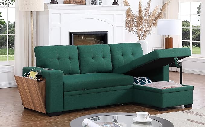 Shaped Sectional Couch with Storage Ottoman and 2 Cup Holders