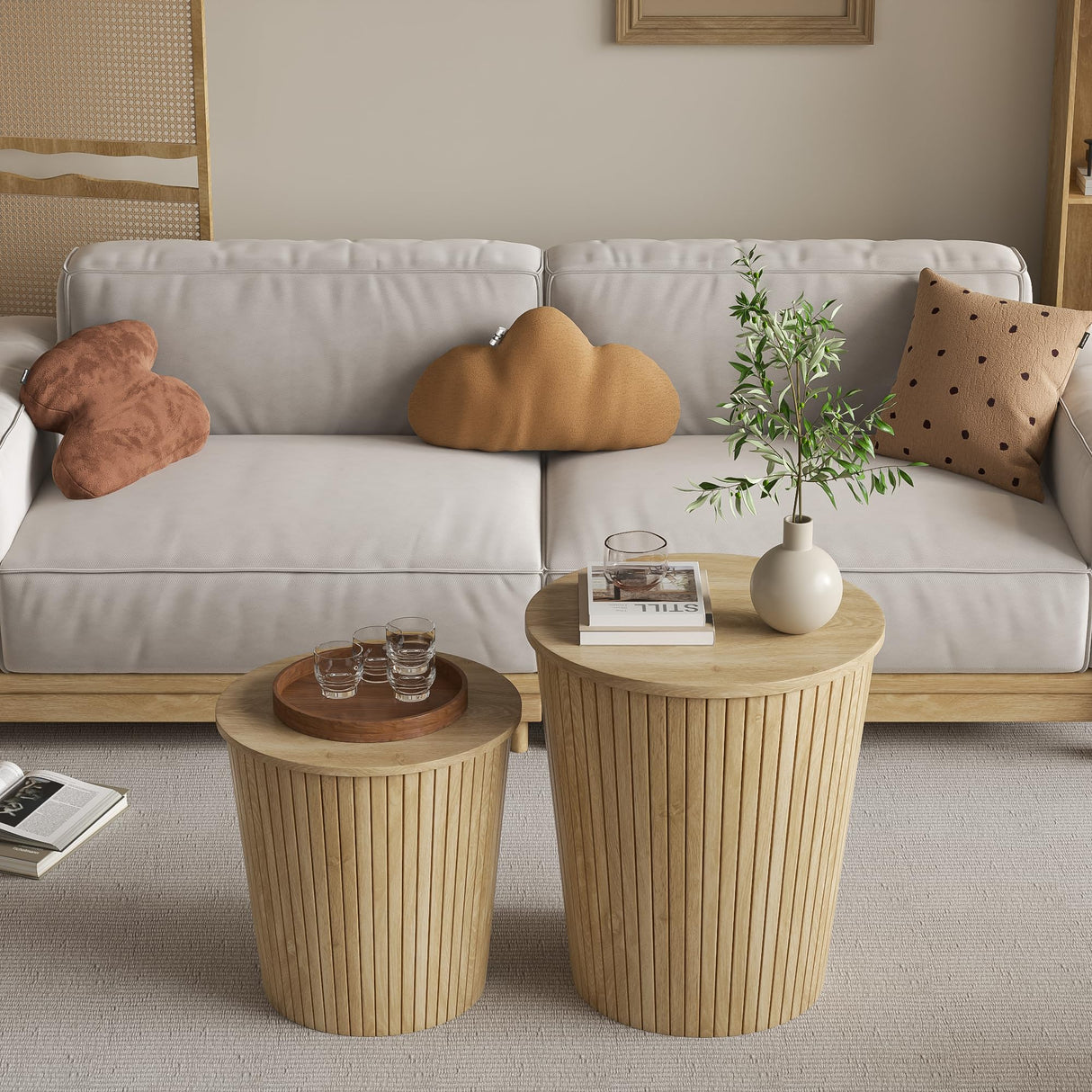 Nesting Coffee Table Set of 2, Round End Table with Storage, Farmhouse Side Table