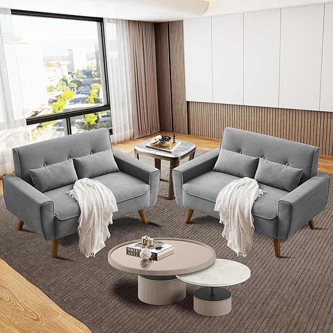 48" Small Loveseat Sofa, Mid Century Modern Linen Love Seat Couch