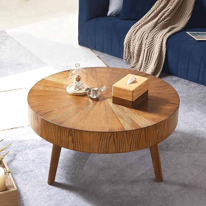 Round Wood Coffee Tables for Living Room, Farmhouse Circle Coffee Table