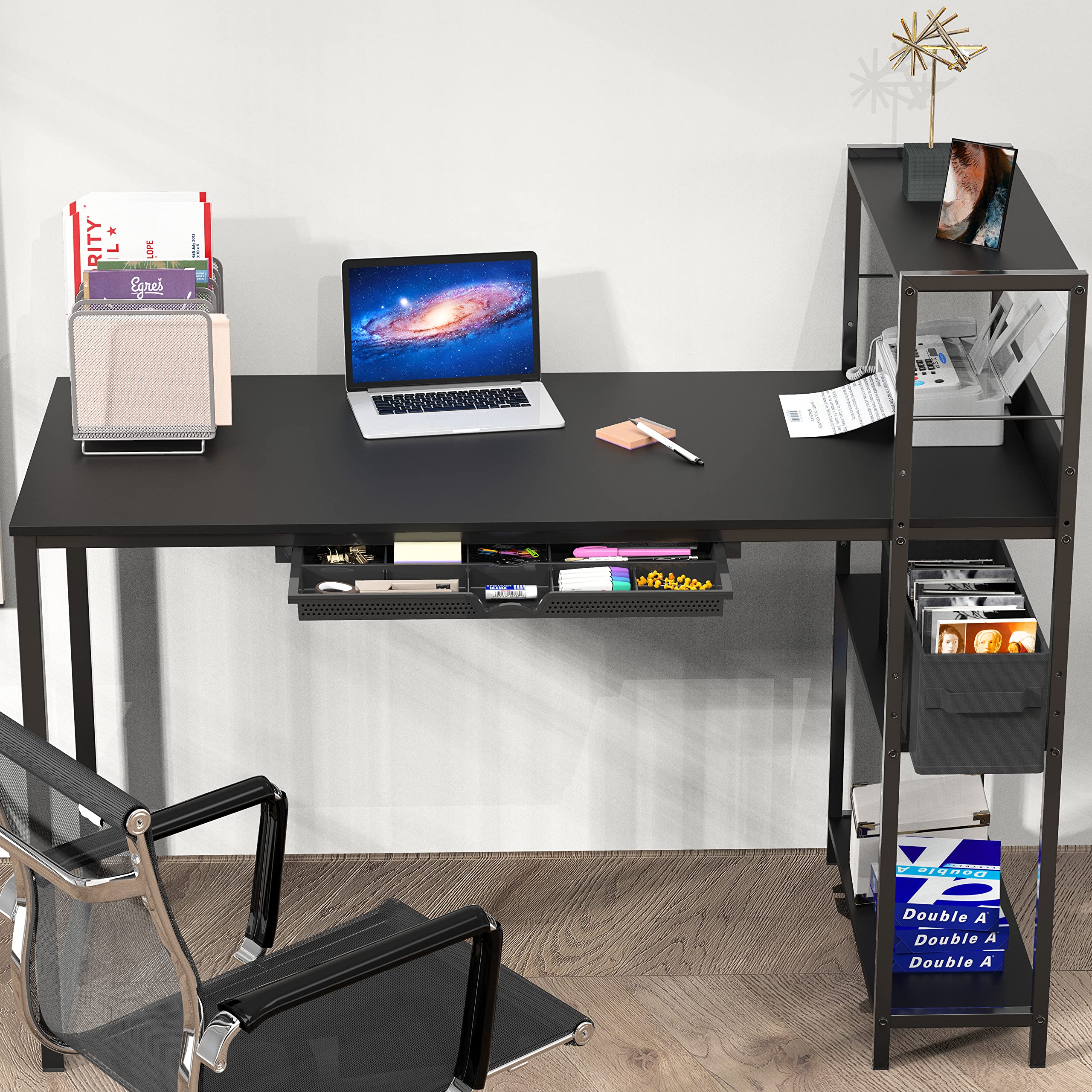 SHW 46-Inch Computer Desk with Adjustable Side Shelf and Drawer, 24" Deep, Black