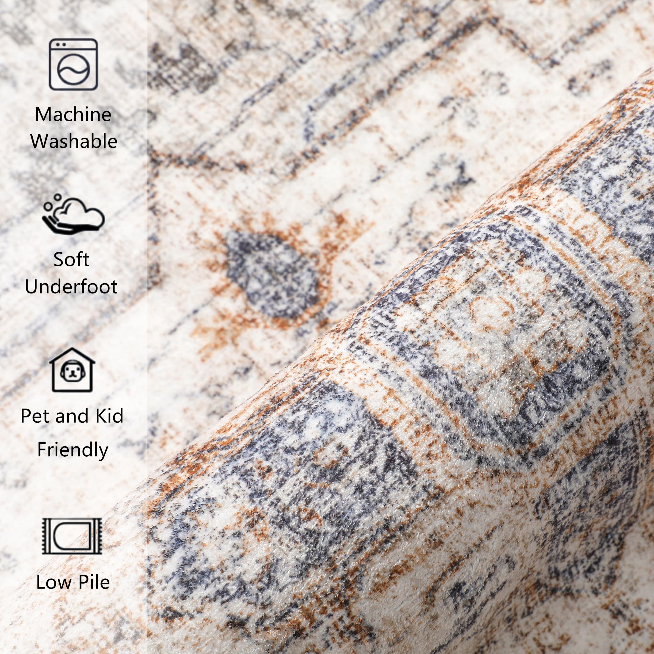 PureCozy Brown Area Rug 5x7 Living Room Rug Washable Indoor Accent Rug Vintage Low Pile Carpet Retro Distressed Throw Rug Bedroom Office Dining Room Kitchen Laundry Room